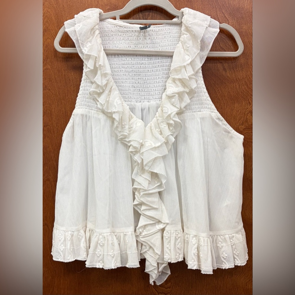 Anthropologie Sheer Ruffle Swing Top V-Neck Smocked Cropped Cream Size Large